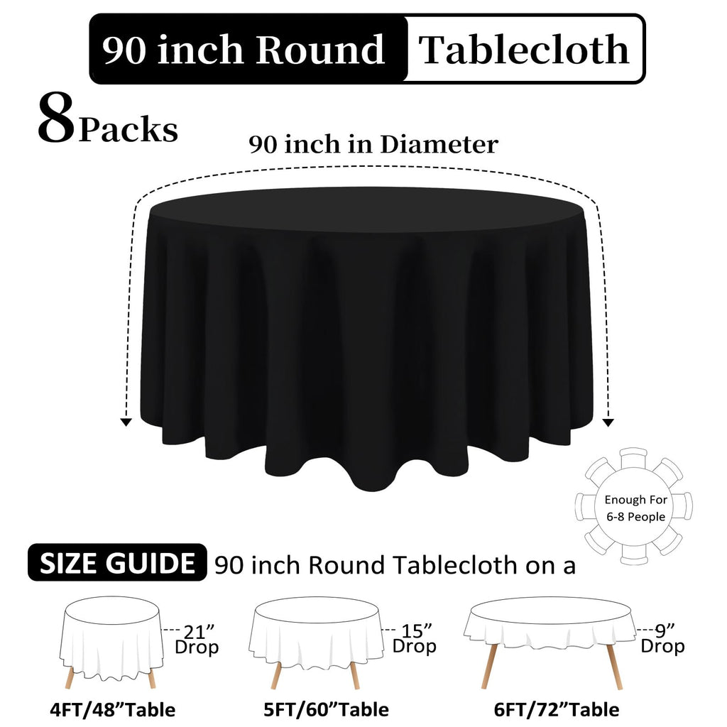 8 Packs 90 Inch Black Round Tablecloths for 36"-72" Table
