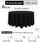 8 Packs 90 Inch Black Round Tablecloths for 36"-72" Table