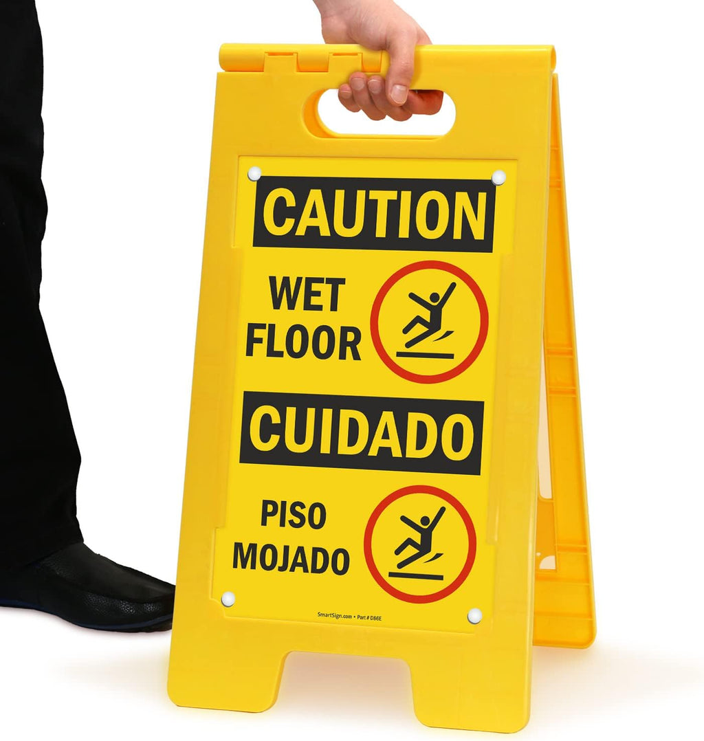 Caution Wet Floor Sign - Bilingual, Cuidadao Piso Mojada, 25 x 12 inch, Standing/Folding Floor Sign, Double-Sided