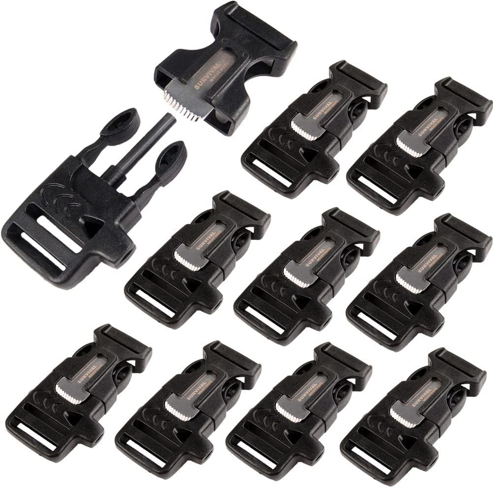 10Pack 3/4" (19mm) Fire Starter Survival Whistle Buckle Flint Scraper for Paracord Bracelet Key Lanyard Ourdoor