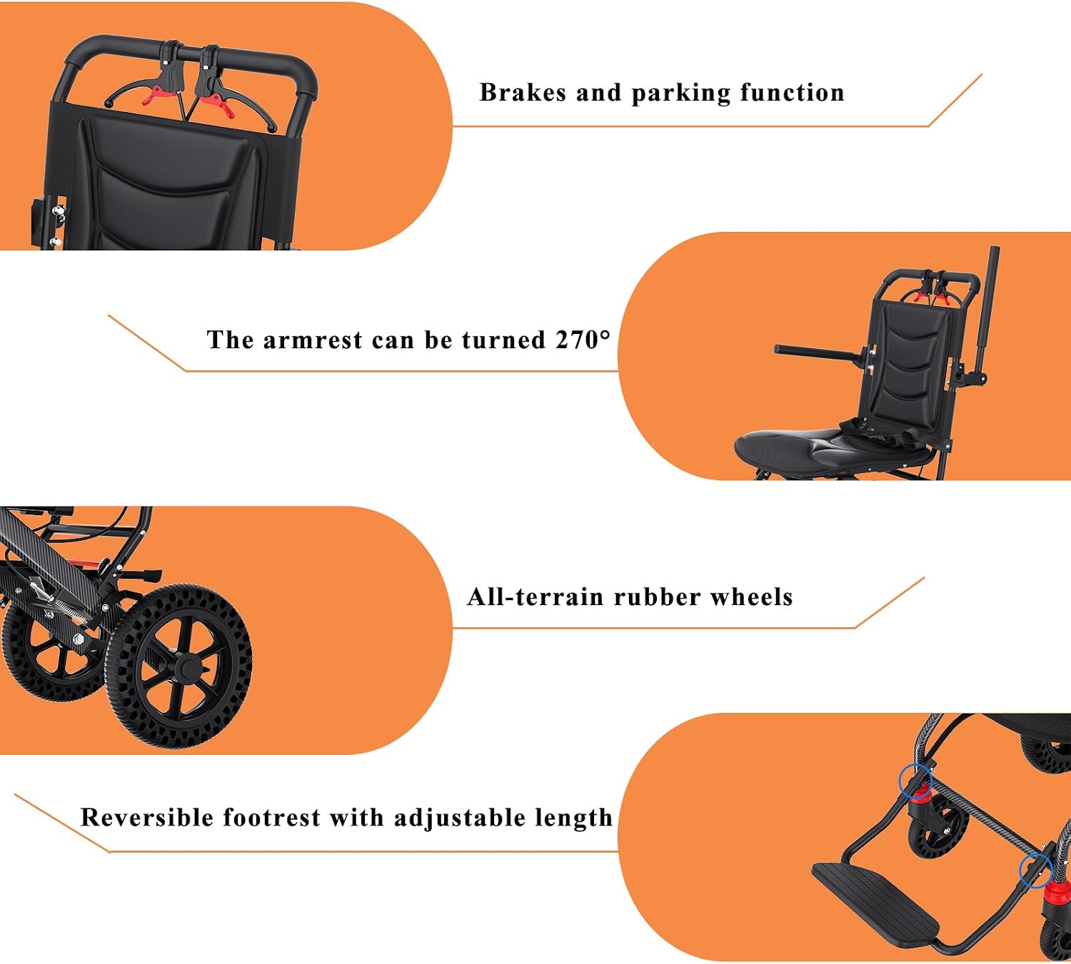 (18" Wide Seat) Lightweight Ergonomic Transport Wheelchair for Seniors and Adults, Portable Foldable Transit Travel