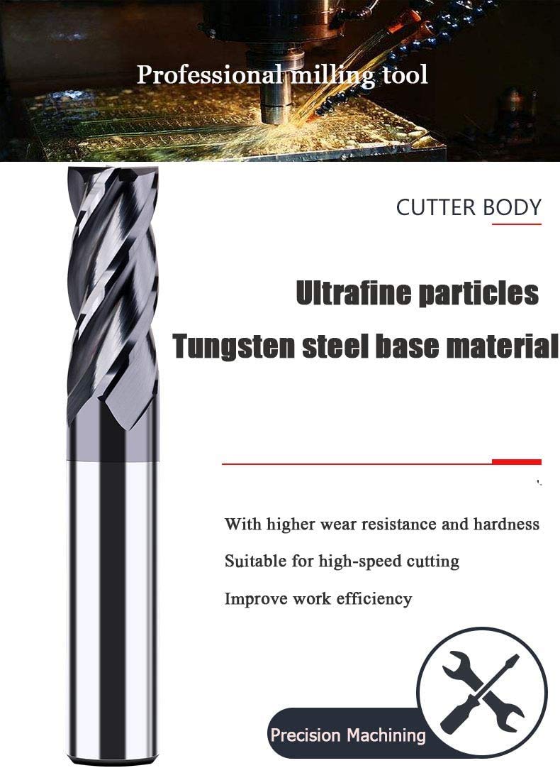 3/4" Carbide Square End Mill, HRC 45 Deg Single End 4 Flute AlTiN Coating Mill Bits