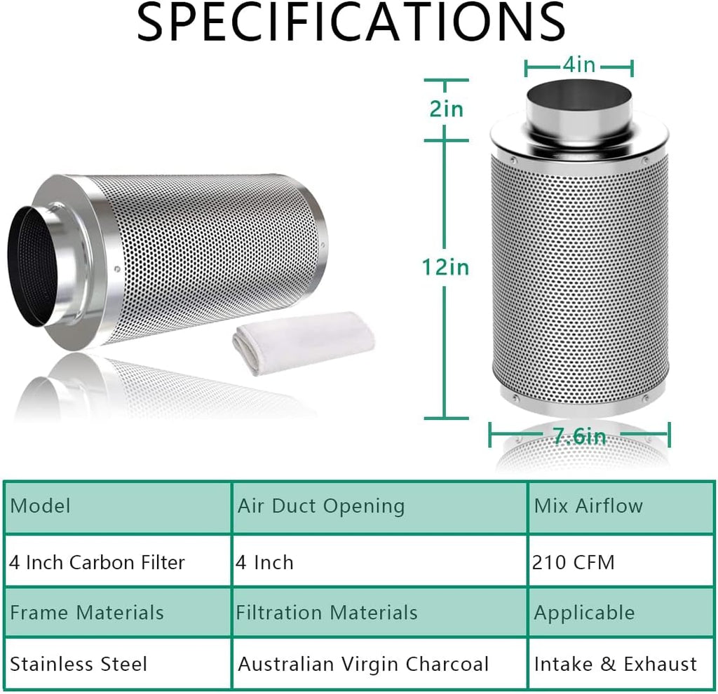 Ventilation Kit, 4 Inch Inline Fan 200 CFM Exhaust Blower, 4 Inch Carbon Fiber Filter Exhaust Fan Combo with 8 Feet