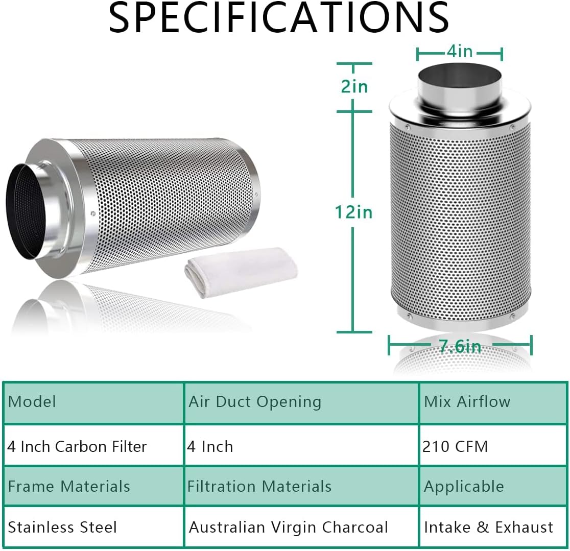 Ventilation Kit, 4 Inch Inline Fan 200 CFM Exhaust Blower, 4 Inch Carbon Fiber Filter Exhaust Fan Combo with 8 Feet