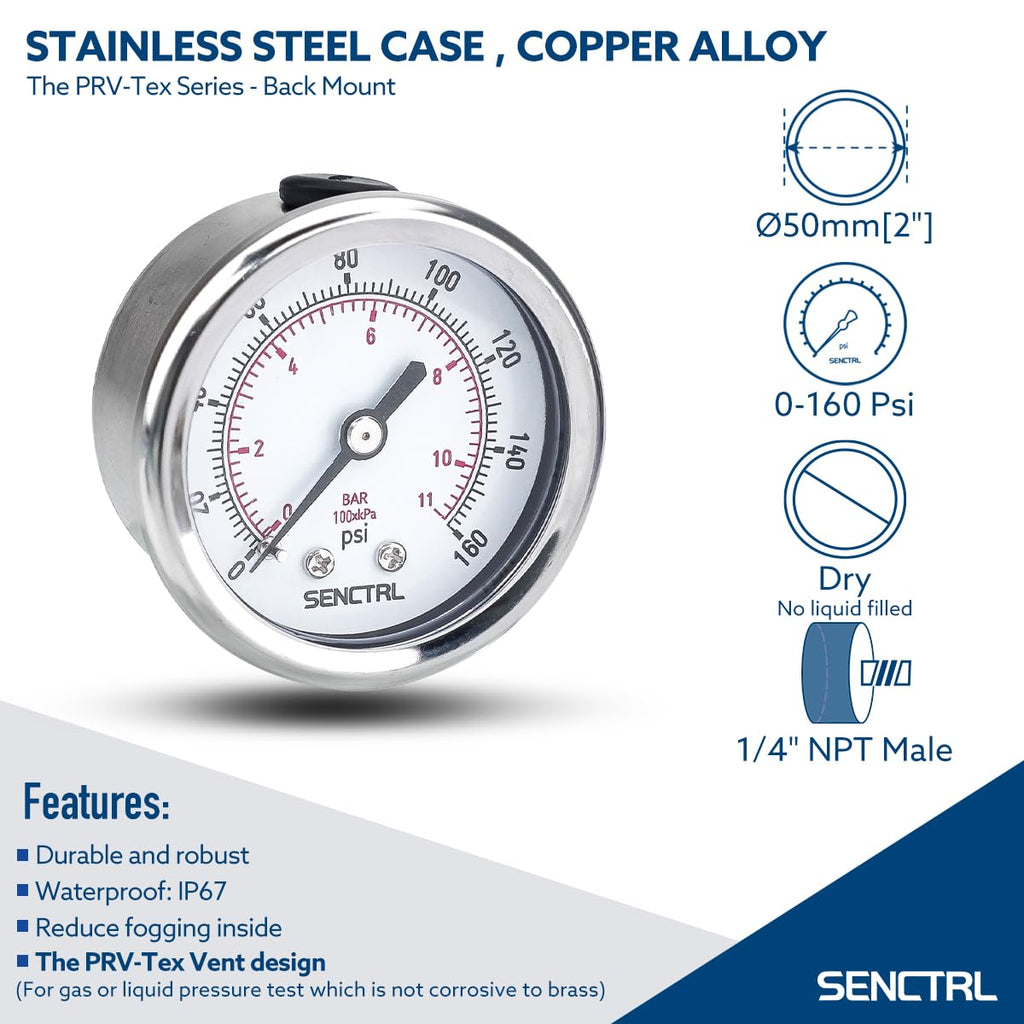 SENCTRL 0-160 Psi Pressure Gauge, 1/4" NPT Back Mount