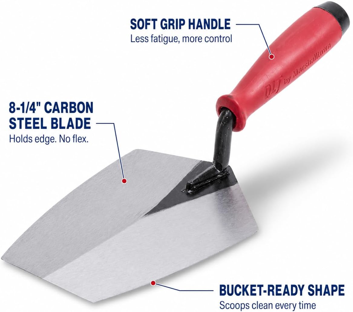 QLT Bucket Trowel, 8 1/4 Inch, Masonry Trowel | Carbon Steel Blade Scoops Mortar, Cement, and Grout from Bucket to