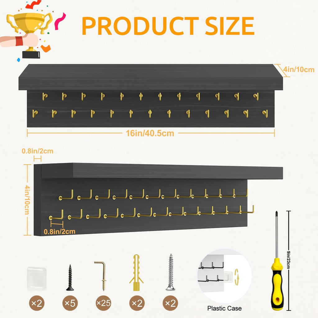 Medal Hanger Display and Trophy Shelf Organizer, Wooden Wall Mount Ribbon Holder with 25 Steel Hooks, Race Awards