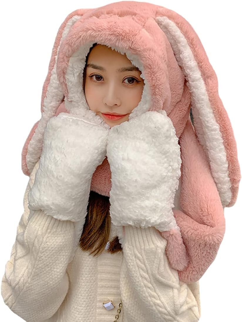 Women Girls Cute Panda Animal Winter Hats 3 in 1 Warm Plush Hoodie Cap Paw Gloves Mitten Scarf Set