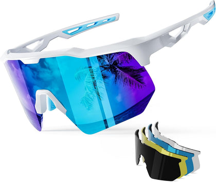 Sports Sunglasses with 5 Interchangeable Lenses | UV400 glasses with a polarized black lens for men and women, ideal