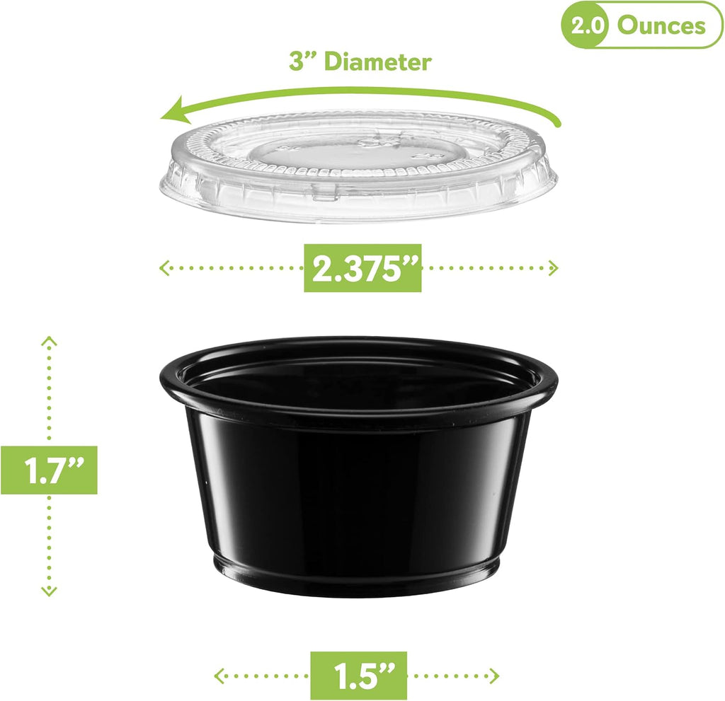 2 oz - Black Diposable Plastic Portion Cups With Lids, Small Mini 100 Sets