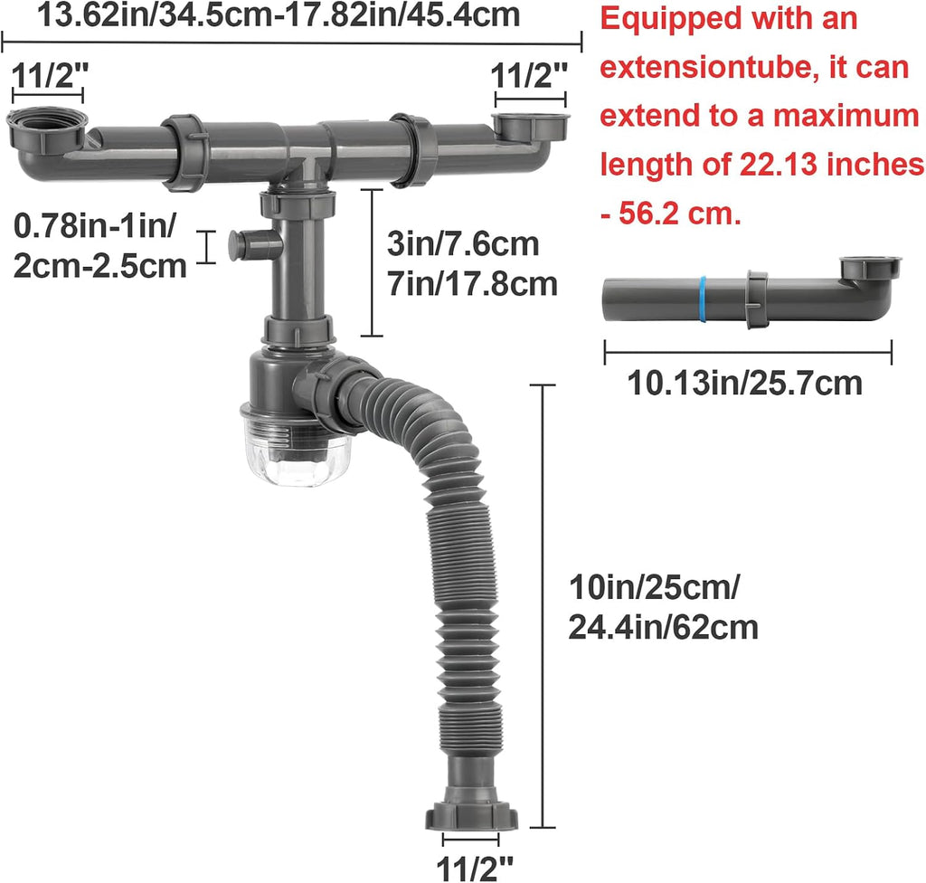 1-1/2 inch Kitchen Sink Drain Kit, space-saving kitchen drain with P-trap and extendable flexible hose (gourd