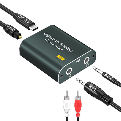 Digital to Analog Audio Converter,192kHz DAC Converter Digital Optical to Dual Analog 3.5mm AUX Audio Adapter with