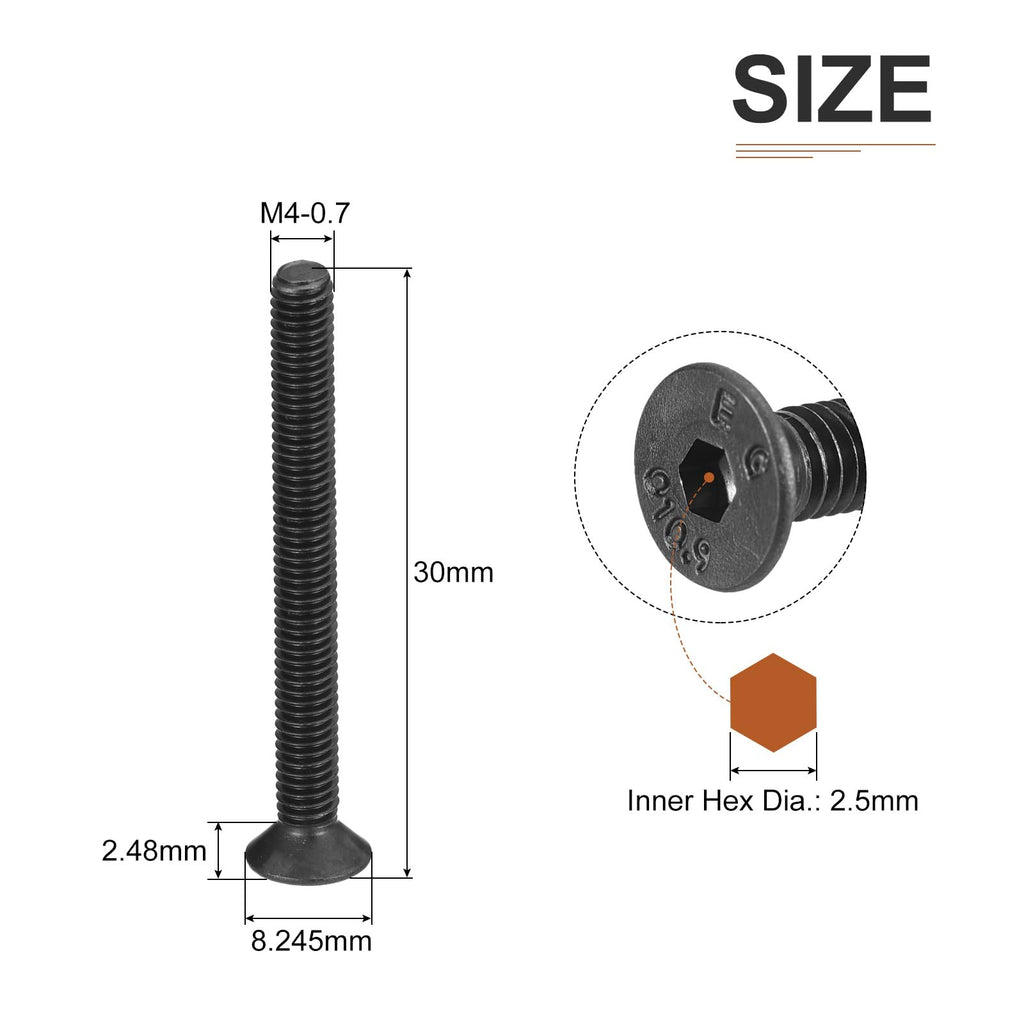 DTGN M4-0.7x30mm Flat Head Socket Cap Screws, 100 Pack Hex Socket Flat Head Screws Carbon Steel Black Oxide, Full Thread, Countersunk Bolts