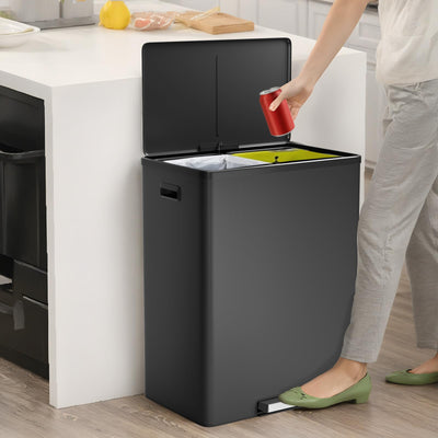 16 Gallon Kitchen Trash Can, 30L+30L Step Dual Recycling Bin with 2 Removable Barrel, Wide Step Pedal, Soft Close