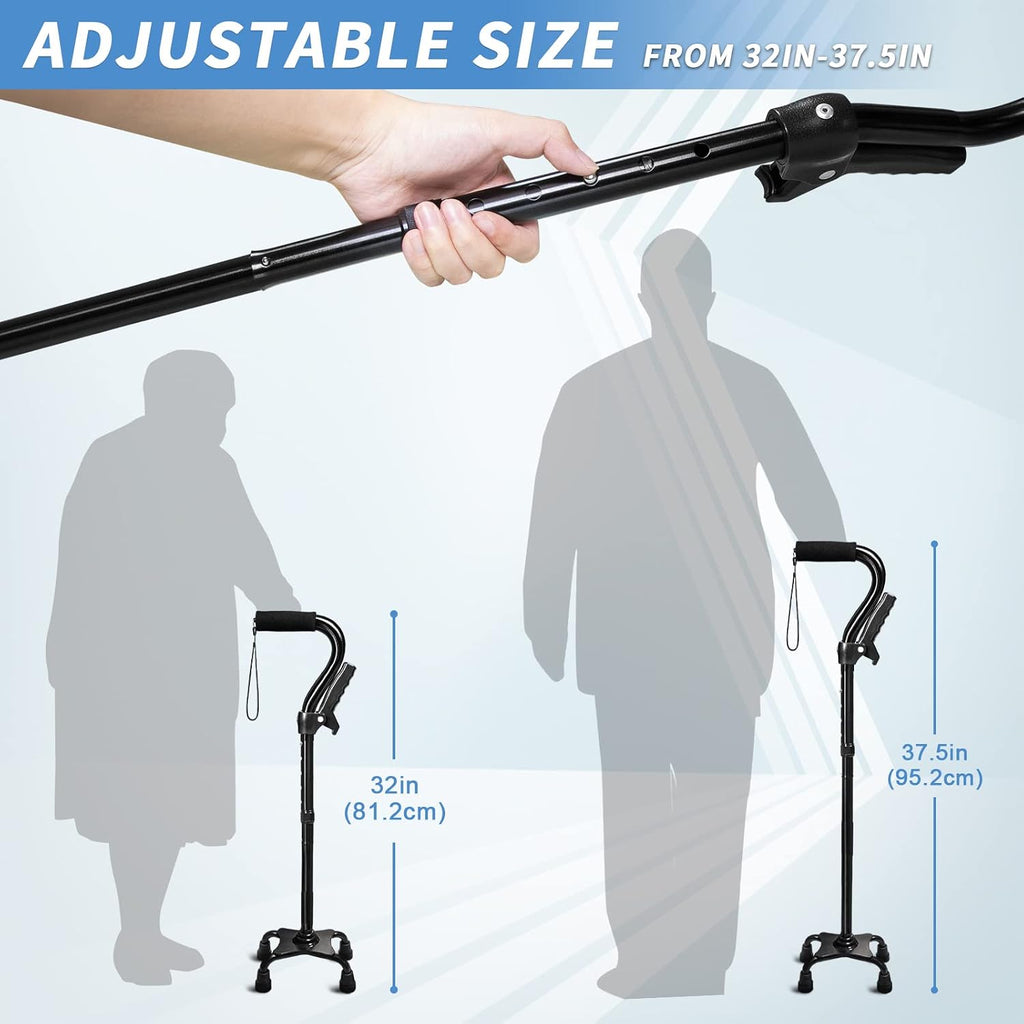 Adjustable Walking Cane for Men & Women with 4-Pronged Base for Extra Stability - Foldable Cane for Seniors with Foam
