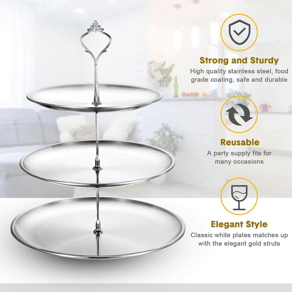 2 Pack 3 Tier Cupcake Stand Serving Tray Metal,Silver