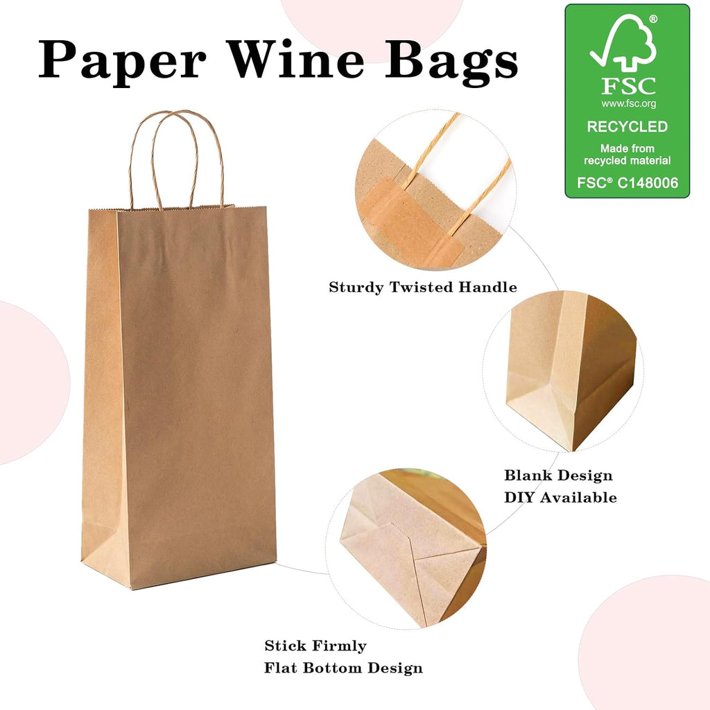 Wine Kraft Paper Bags 5.25x3.25x13 Inches 50Pcs Wine Gift Bags,Brown Paper Wine Bags with Handles Bulk for Wine