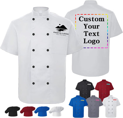 Chef Coat Personalized Name Logo Text Custom Chef Jackets with Pockets Chef's Hat Unisex Work Shirt for Men Women