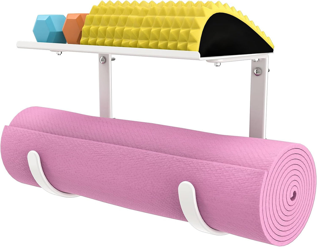 Yoga Mat Holder Wall Mount, No-Tie Mat Storage, Exercise Mat Storage Rack with Top Floating Shelf, Holding Yoga