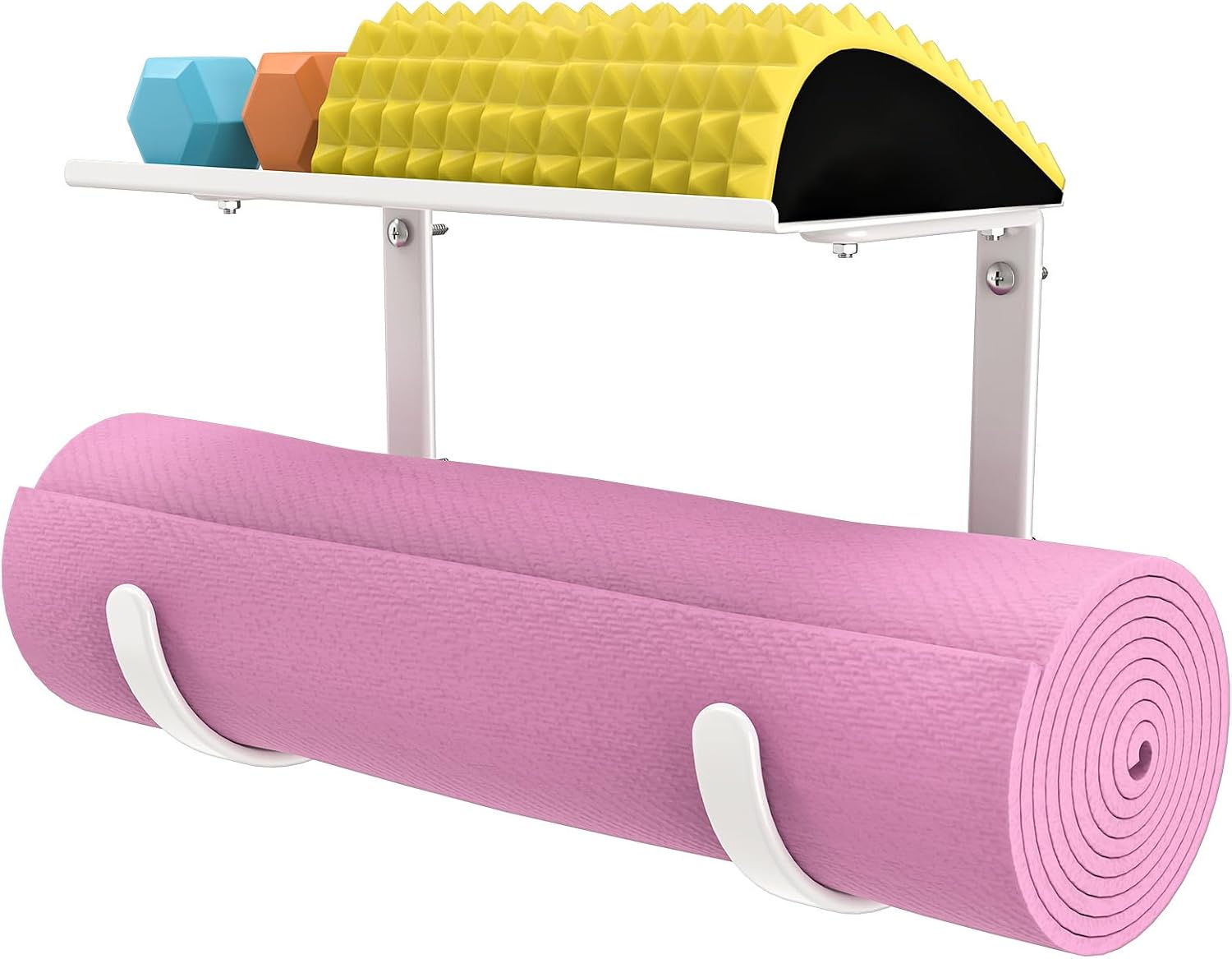 Yoga Mat Holder Wall Mount, No-Tie Mat Storage, Exercise Mat Storage Rack with Top Floating Shelf, Holding Yoga