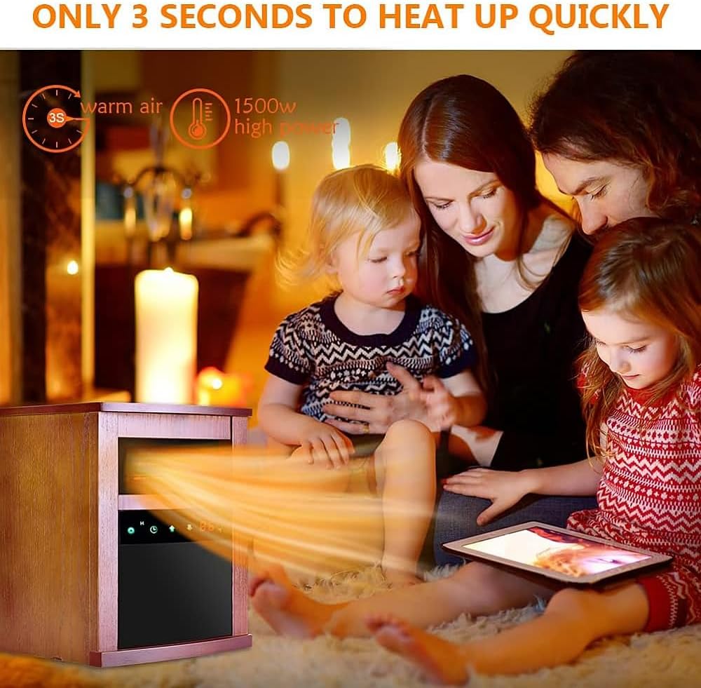 Electric Space Heater, 1500W Infrared Heater w/ 3 Heating Mode, Thermostat, Remote Control & 12h Timer, Small