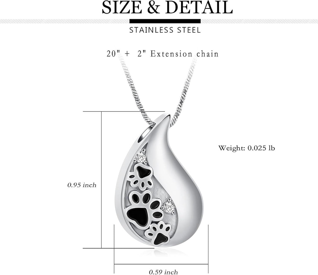 Pet Paw Print Teardrop Urn Necklace for Ashes for Dog/Cat Ashes Keepsake Memorial Pet Cremation Jewelry
