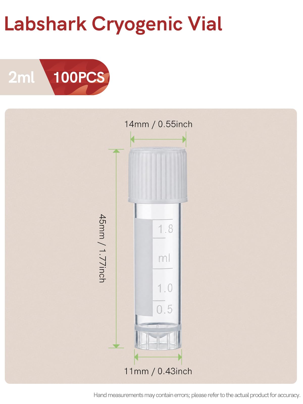 2ml Plastic Cryovial Cryogenic Vial Tube with White Cap, 100PCS