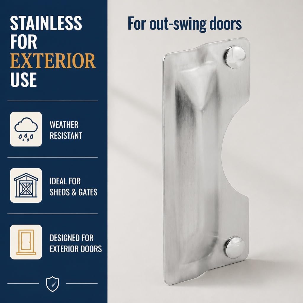 U 9496 Latch Guard Plate Cover – Protect Against Forced Entry, Easy to Install on Out-Swinging Doors – Stainless