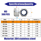 M3‑0.5 Lock Nuts, 300Pcs Stainless Steel Nylock Insert Locking Nuts