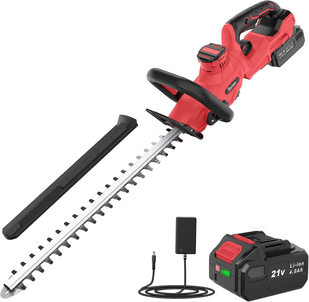 Hedge Trimmer Cordless, 21V Electric Hedge Trimmer with 4000mAh Rechargeable Battery, 14" Dual-Action Blades, 180°