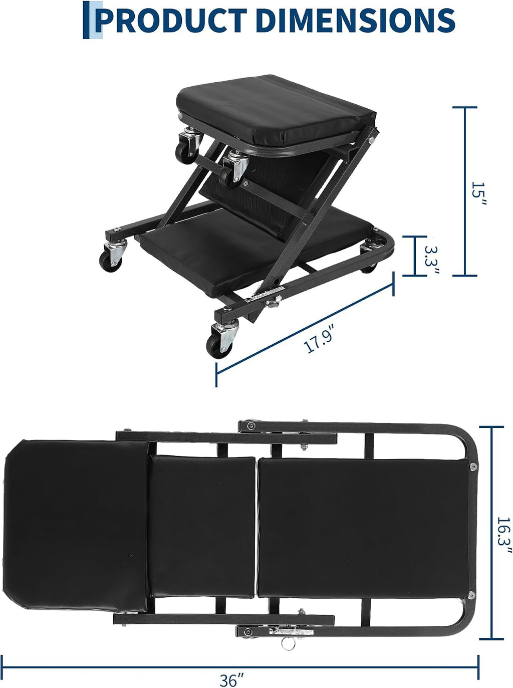 2-in-1 Z-Frame Mechanic Creeper Seat - Folding Adjustable Garage Roller, 36"/40", 6 Swivel Wheels, Heavy Duty Metal