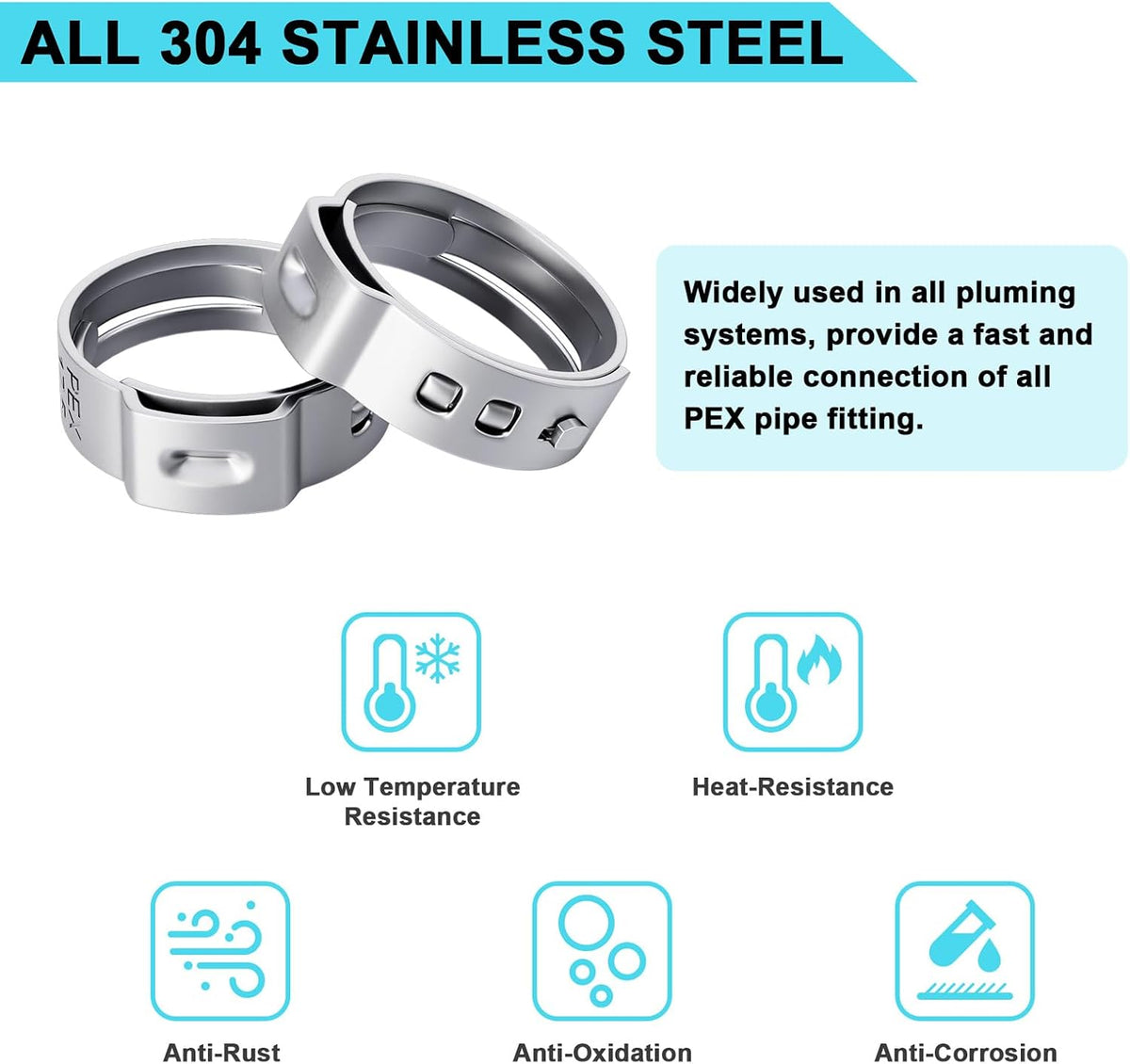 50 Pack 1/2 Inch PEX Cinch Clamps Rings, 304 Stainless Steel