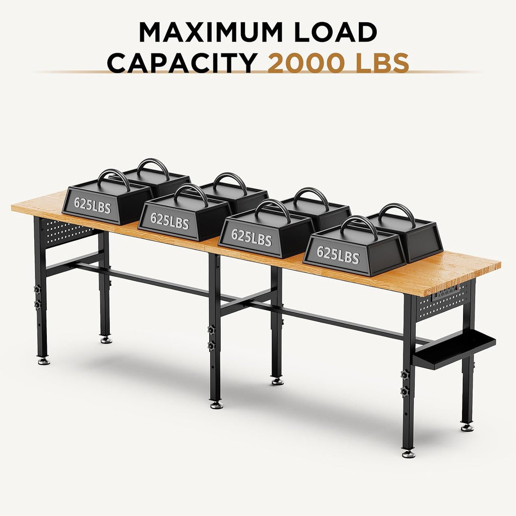 96" Adjustable Workbench with Side Pegboard, 2000lbs Heavy Duty Solid Wood Top Garage Work Table with Power Outlet