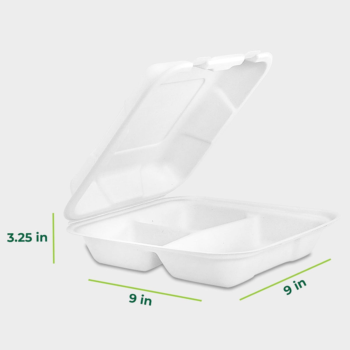 Clamshell Food Containers with Lids [9x9"] 3-Compartment 100-Pack, Disposable To Go Containers, Biodegradable