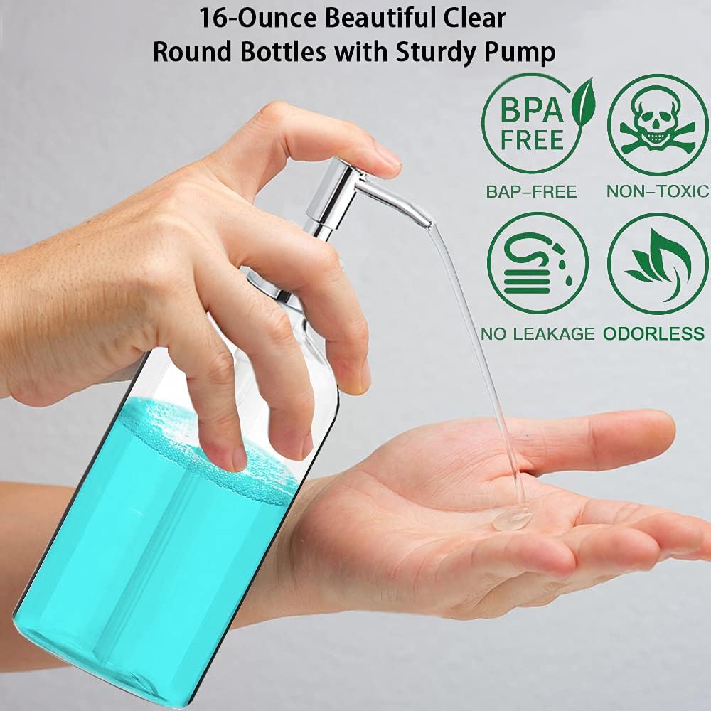 Clear Soap Dispenser with Rust Proof Pump, Waterproof Labels (2 Pack,16 Oz), Plastic Hand Soap Dish Soap Dispenser