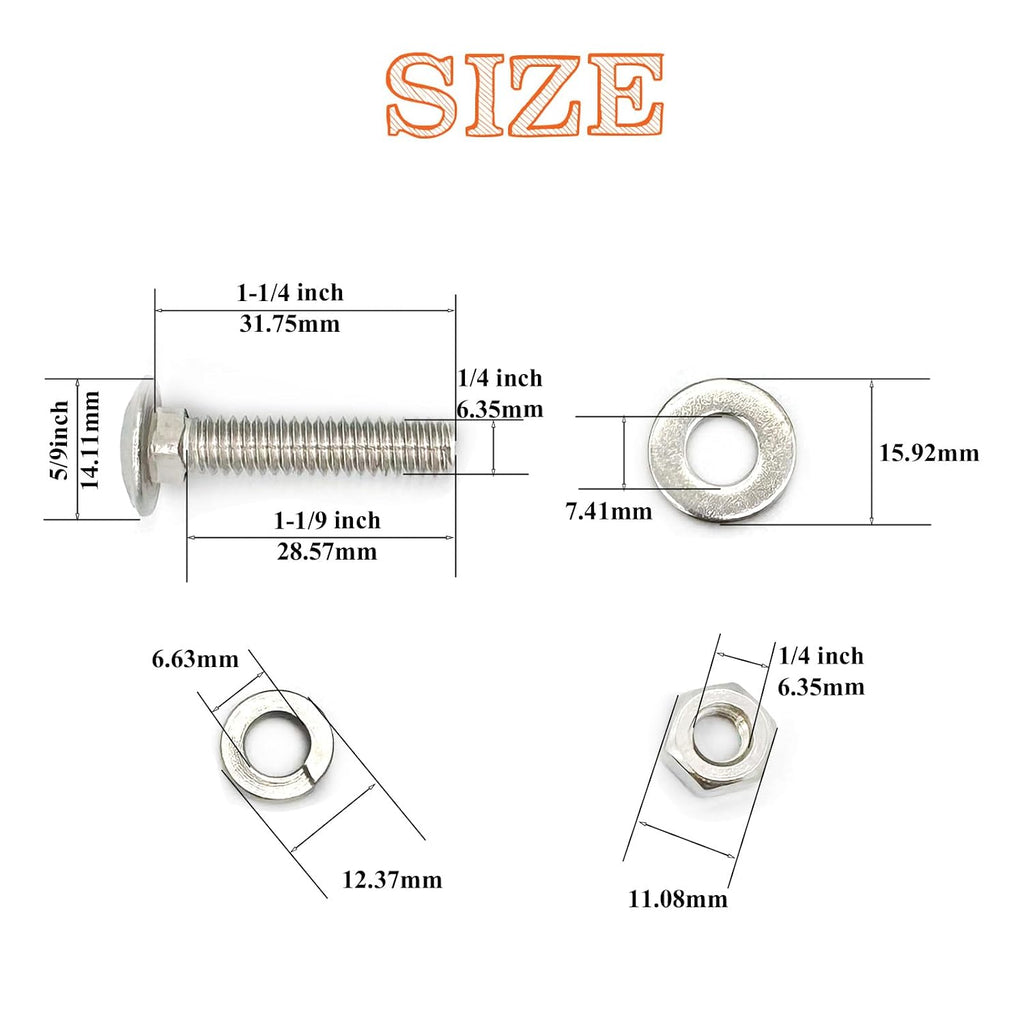 15 Sets 1/4"-20 x1-1/4 Carriage Bolts Round Head Square Neck Screws with Hex Nuts Flat Washers Spring Lock Washers