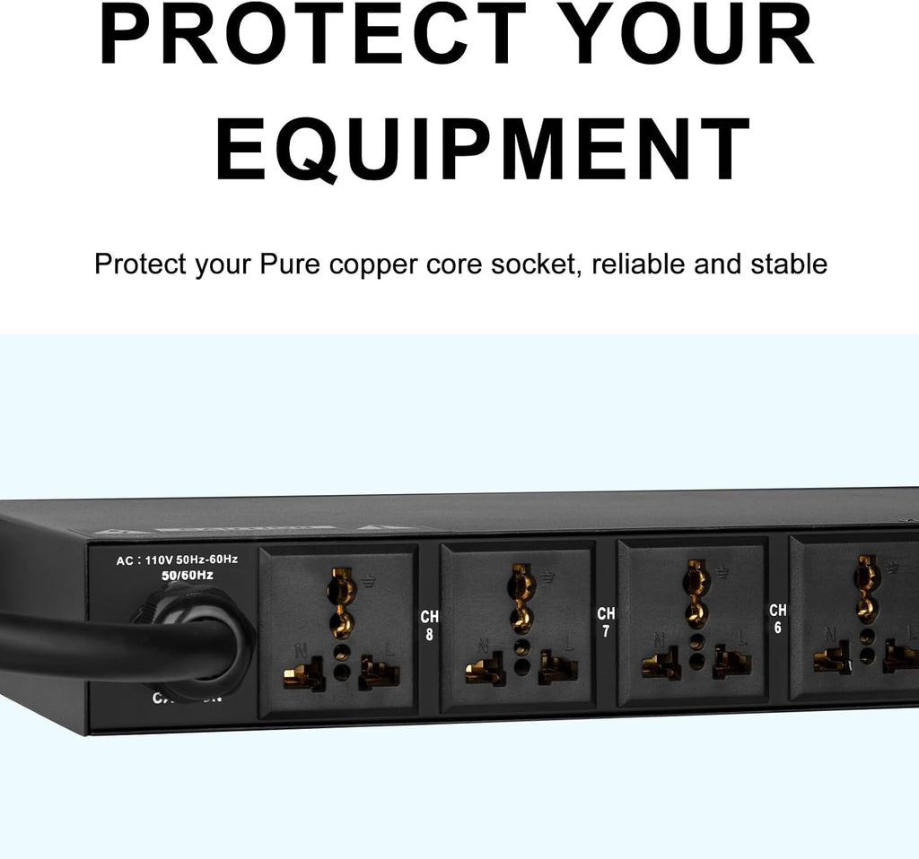 8 Outlet Power Conditioner 10 Amp 2200w with Precise Digital Real-Time Voltage Display Rack Mount Power Sequencer