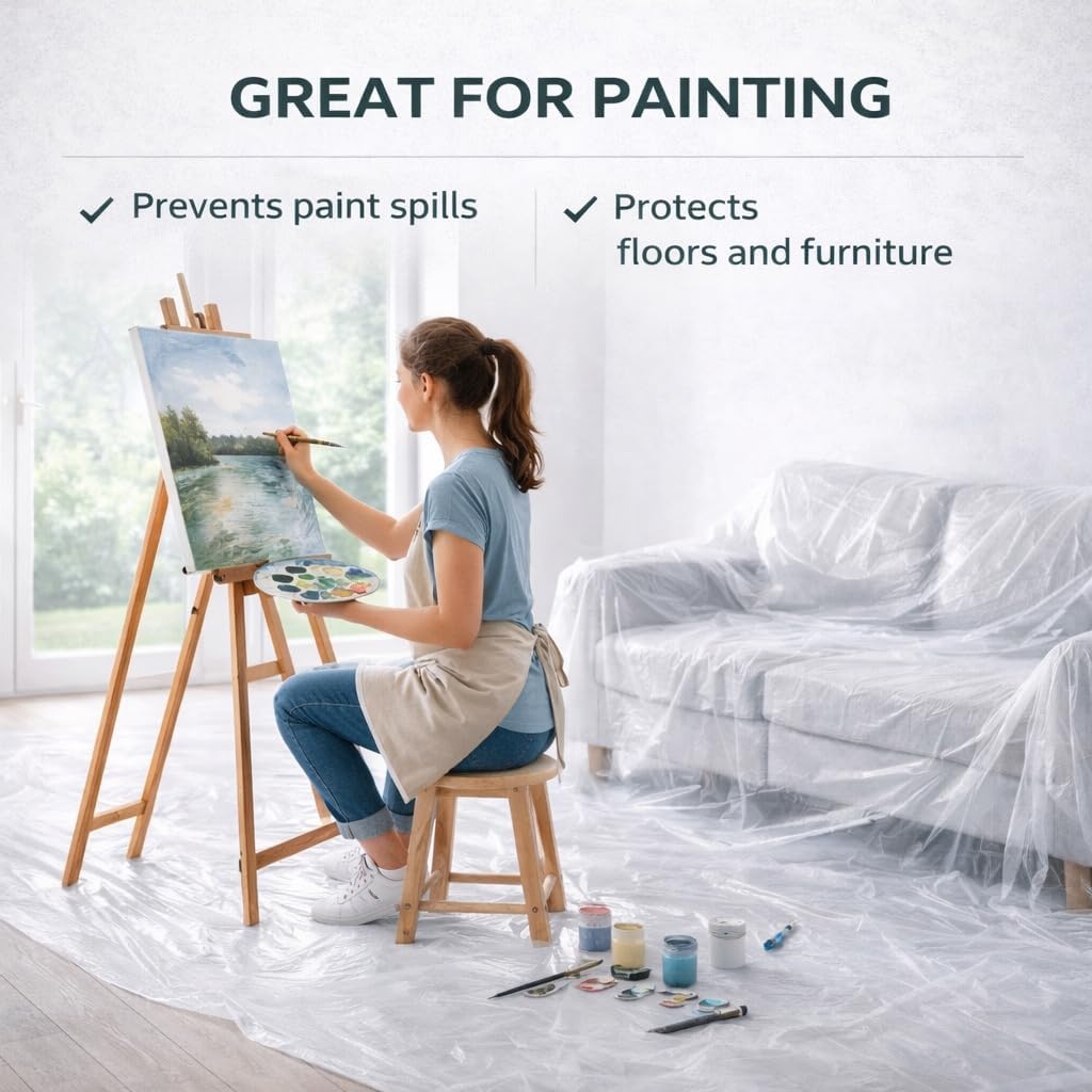 Plastic Drop Cloths for Painting 12 x 9 ft [6 Pack] – Waterproof Paint Drop Cloth, Plastic Sheets Floor Cover