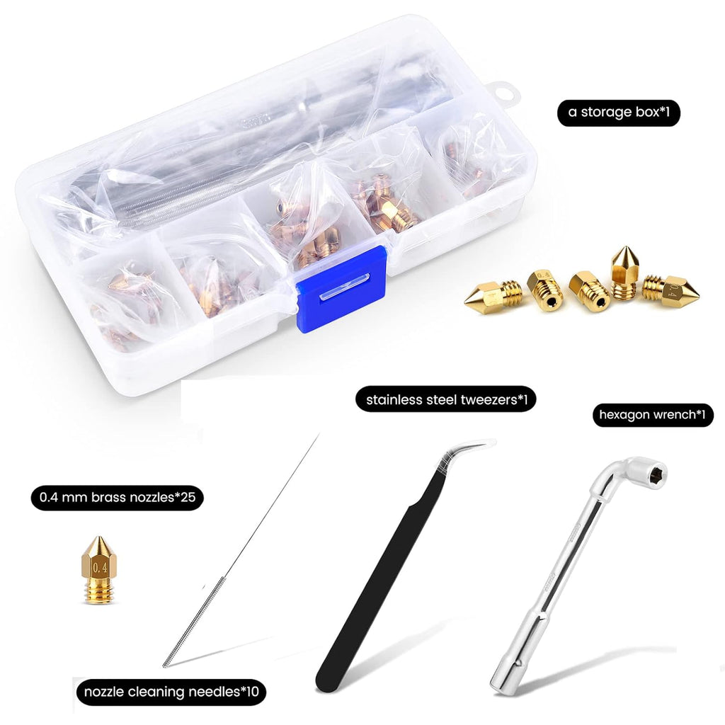 25PCS MK8 Ender 3 V2 Nozzles 0.4MM, 3D Printer Brass Hotend Nozzles | with DIY Tools Storage Box for Creality Ender