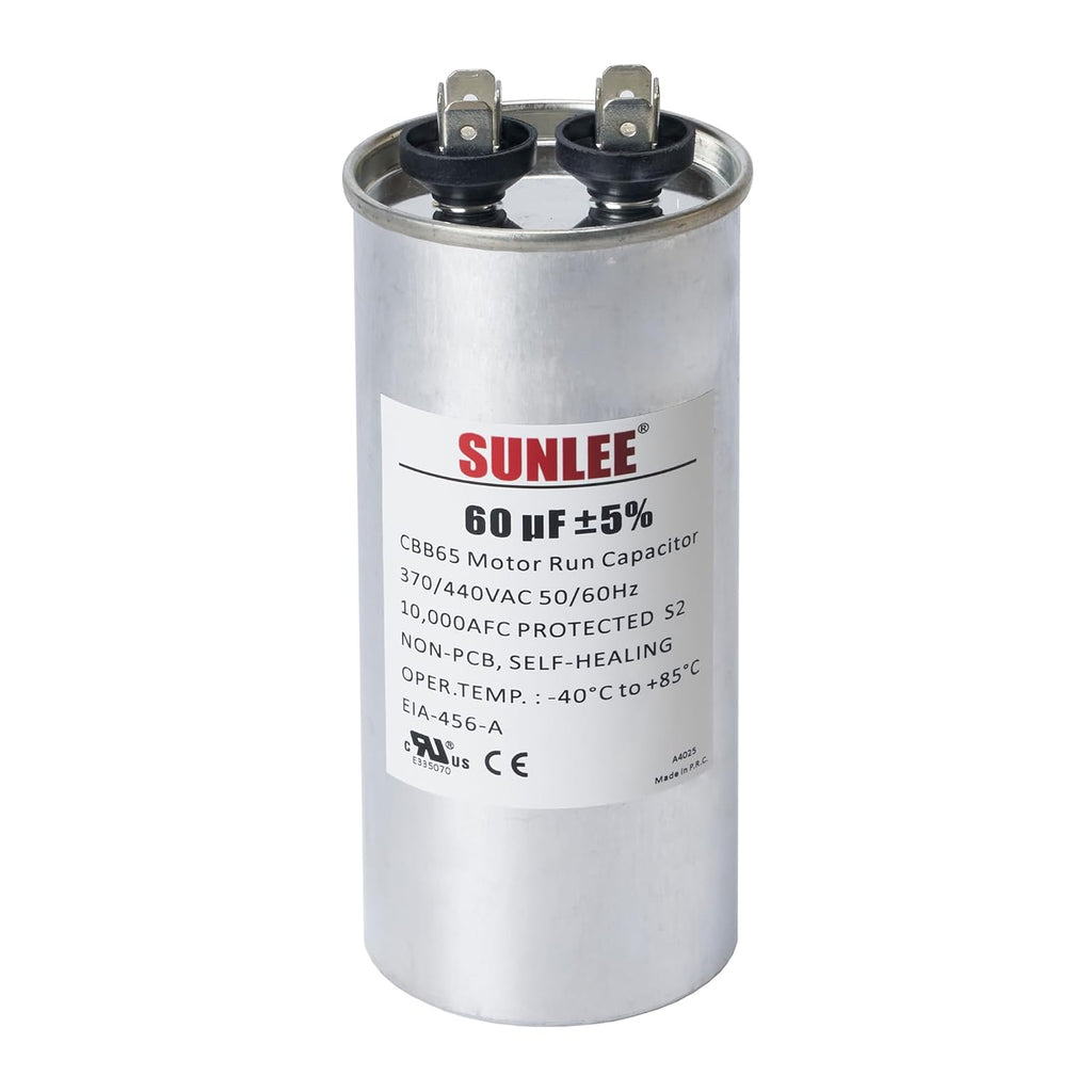 SUNLEE UL Recognized Single Run 60 uF (60 MFD) 370/440 VAC CBB65 Capacitor, 50/60 Hz, Reliable Replacement for AC Condenser Fan Motor, Heat Pump or Pool Pump