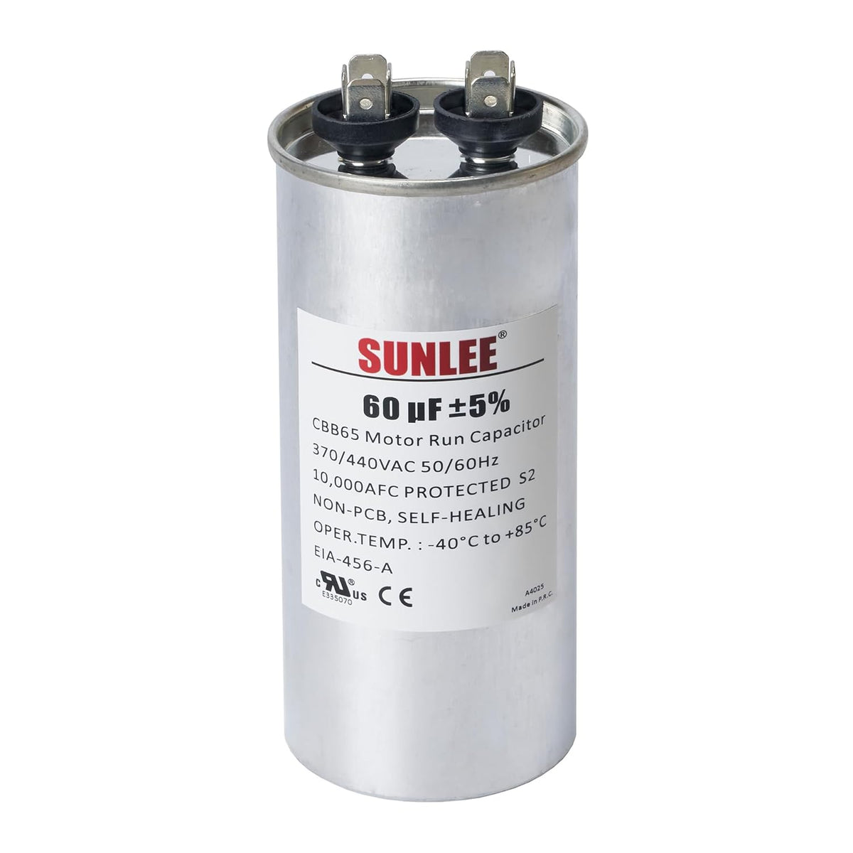 SUNLEE UL Recognized Single Run 60 uF (60 MFD) 370/440 VAC CBB65 Capacitor, 50/60 Hz, Reliable Replacement for AC Condenser Fan Motor, Heat Pump or Pool Pump