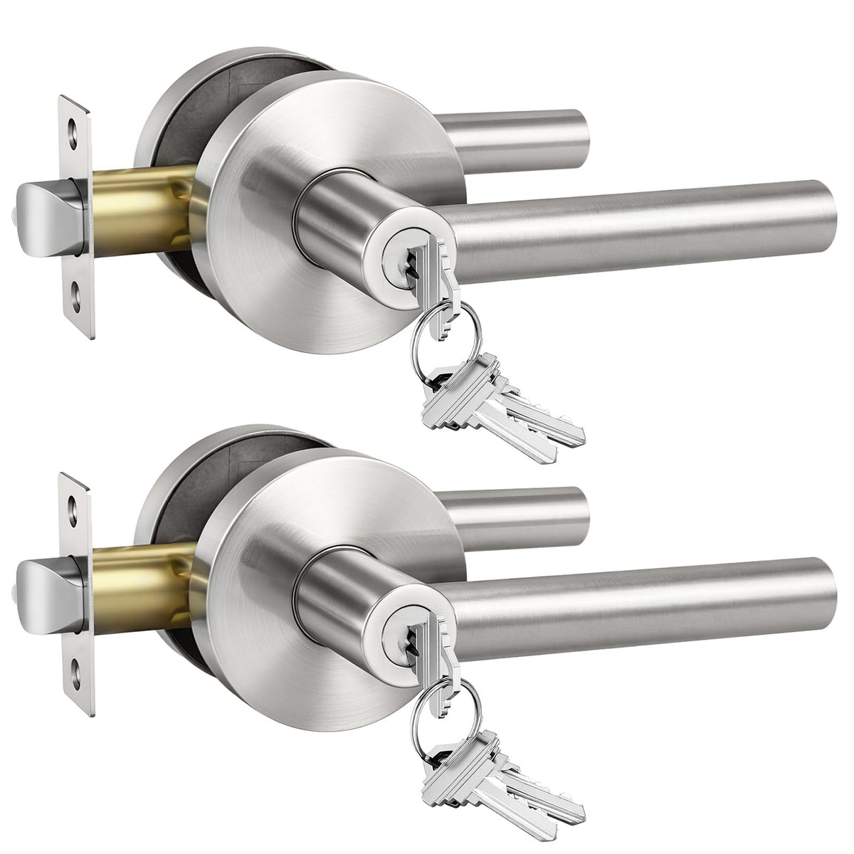 Brushed Nickel Entry Door Handles with Lock and Key 2 Pack
