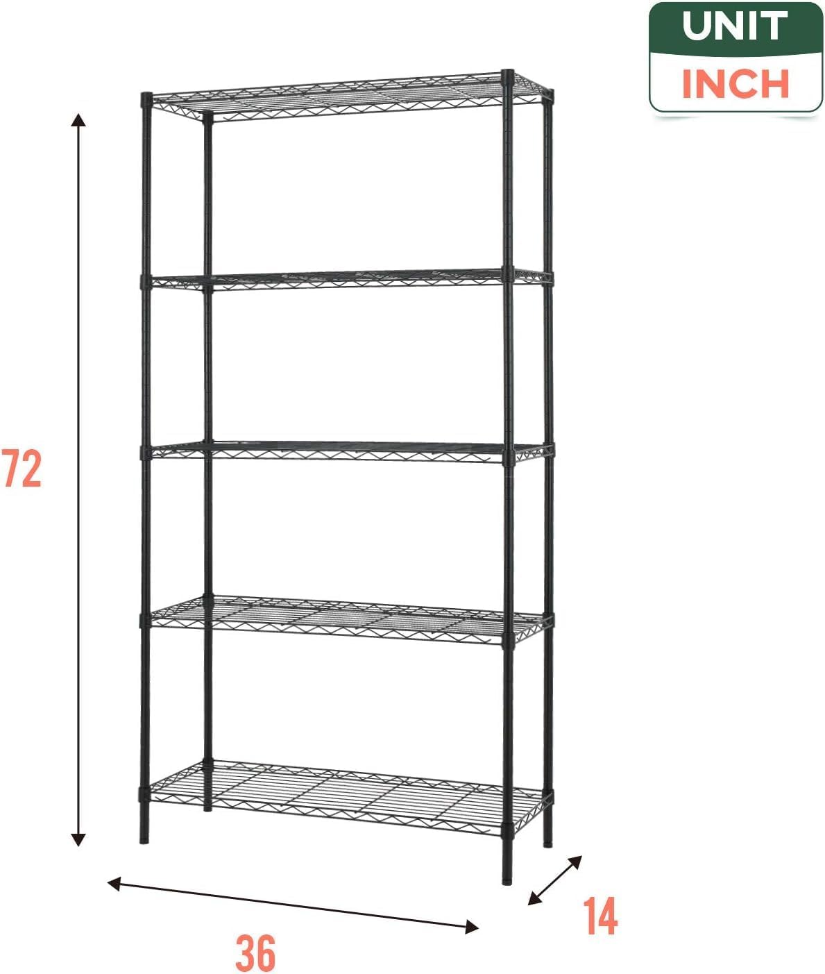 14" D×36" W×72" H Wire Shelving Unit Commercial Metal Shelf with 5 Tier Adjustable Layer Rack Strong Steel for