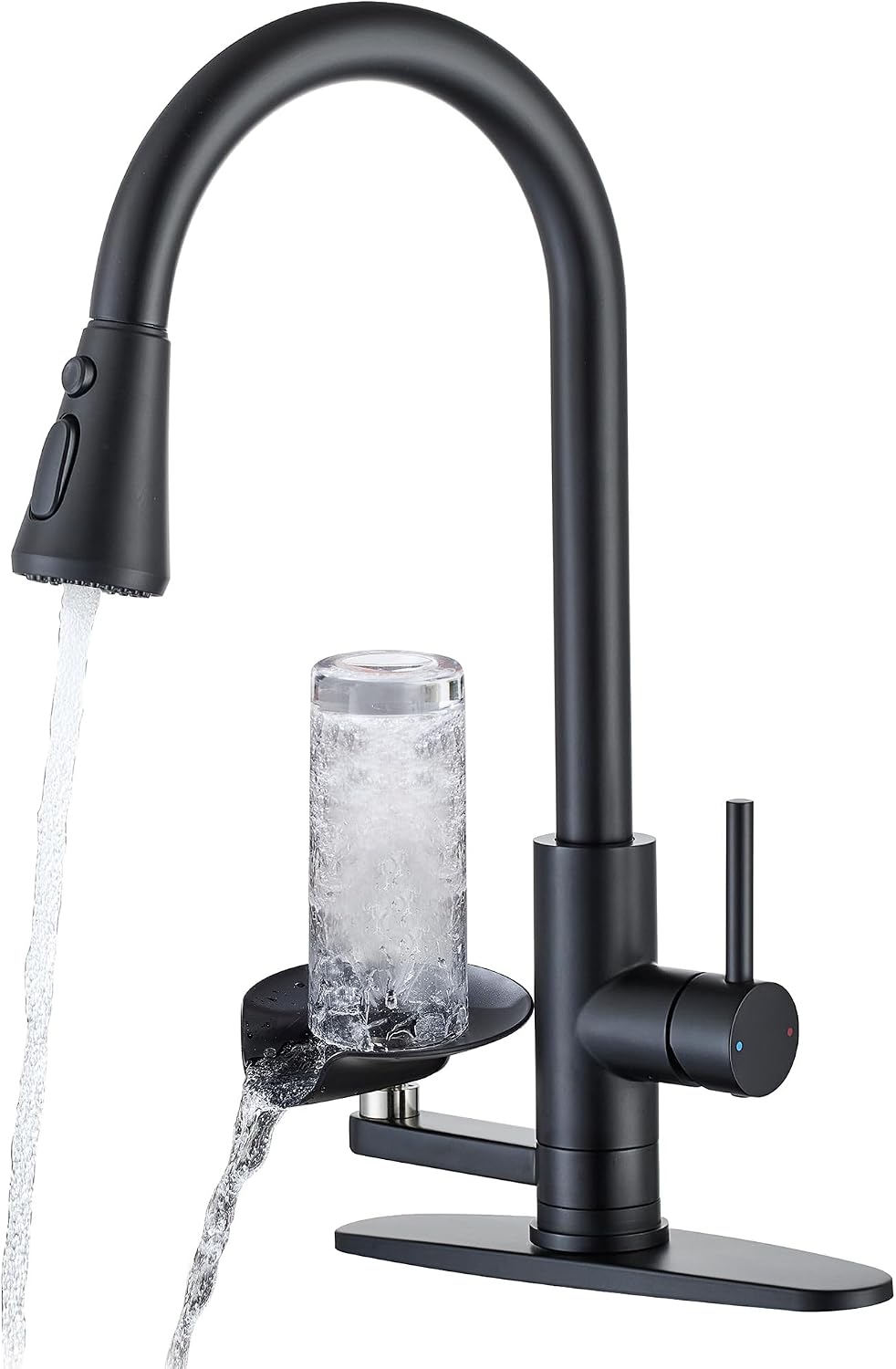 Kitchen Faucet with Cup Washer Single Handle Pull Down Kitchen Sink Faucet with Glass Rinser Matte Black Pull Sink