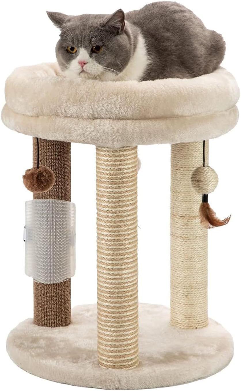 4in1 Small Cat Tree,Scratching Post with Tower Soft Bed, Sisal Carpet Jute Posts with Three Hanging Ball Toys and