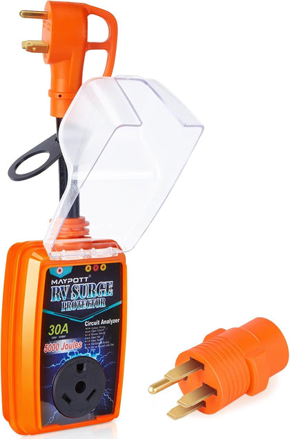30 Amp RV Surge Protector with 50A to 30A Conversion Adapter - Full Circuit Analysis, Waterproof Cover, and Enhanced