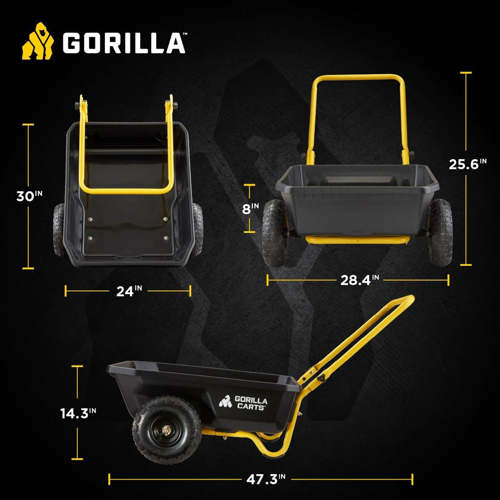 GCR-4 Poly Dump Cart, 2-Wheel Garden Wagon with Foldable Handle, 4 cu ft, 300 lb. Capacity, Black/Yellow