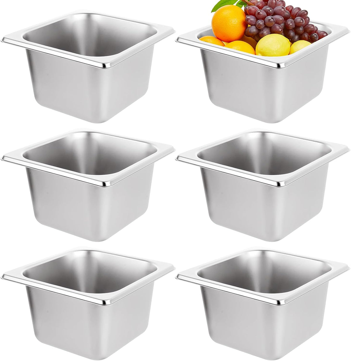 6PCS Hotel Pans Stainless Steel Steam Table Pan Restaurant Supplies 1/6 Size x 4 inch Deep Stainless Steam Table