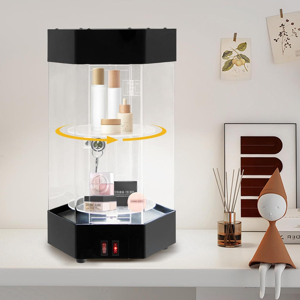 360° Electric Rotating Display Case, 2-Tier Jewelry Display Case Hexagonal Acrylic Showcase with Lockable Door and