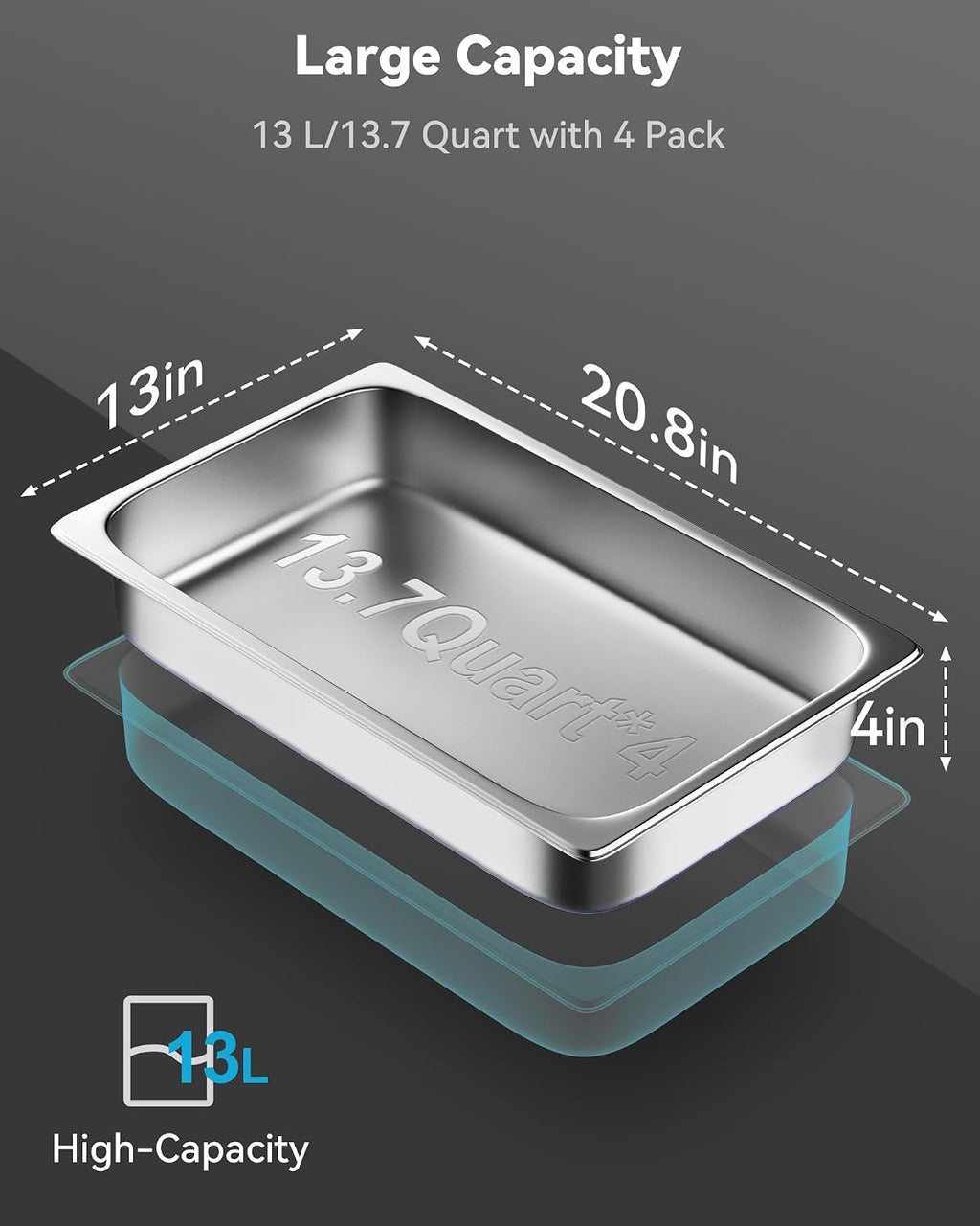 Hotel Pans with Lids, 4 Pack Full Size Thickened, 4" Deep